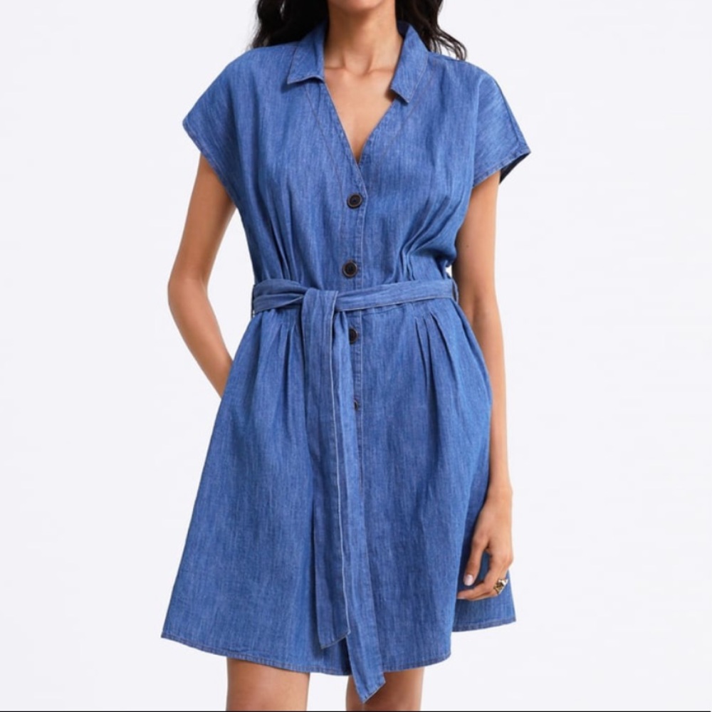 Zara | Dresses | Zara Belted Denim Light Blue Shirt Dress